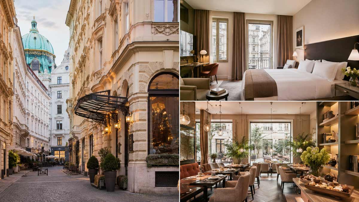 Elegant European hotel with a grand street view, pale stone façades and a green-domed building in the background; inviting entrance with warm lighting. (Exterior collage)